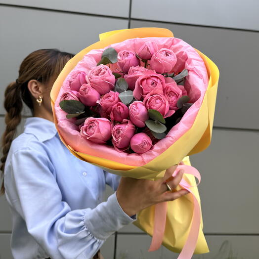 Дофоминовый букет «Утро после привального решения🎀💝» из пион роз сорта Silva Pink🌸с ароматным эвкалиптом 🍀