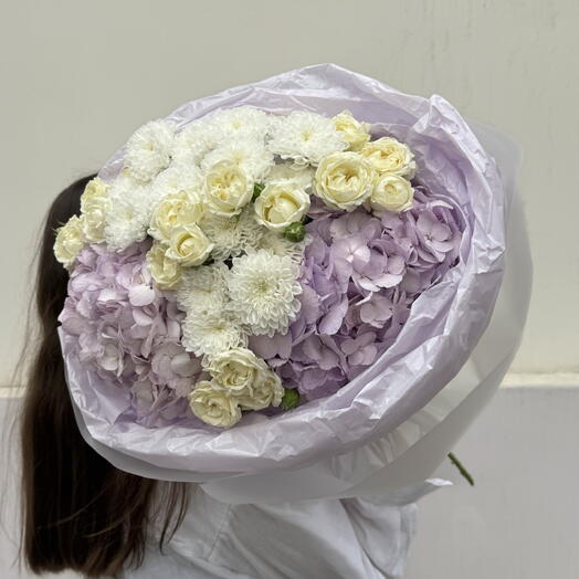 Жемчужина 💜 Огромный букет из гортензий, кустовых роз и кустовых хризантем