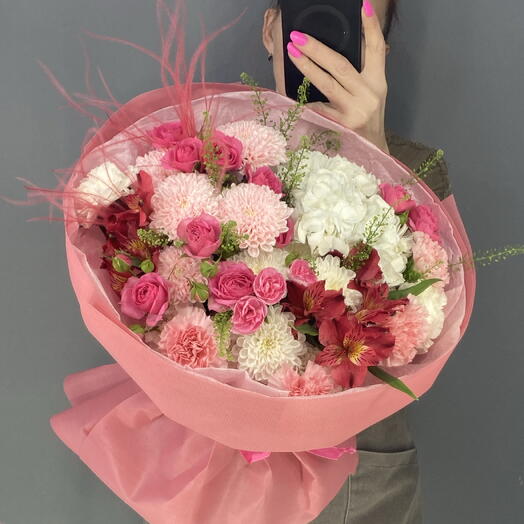 Букет шикарный 🌸 крупная гортензия 🌿 Роза кустовая пионовидная 🌸 яркая альстромерия 🌺