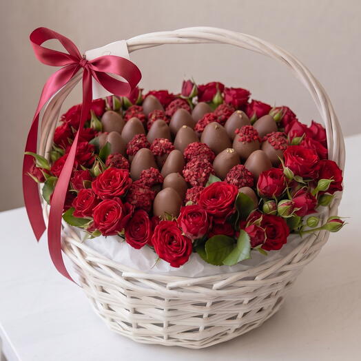 Корзина с клубникой в шоколаде и цветами «Passion»