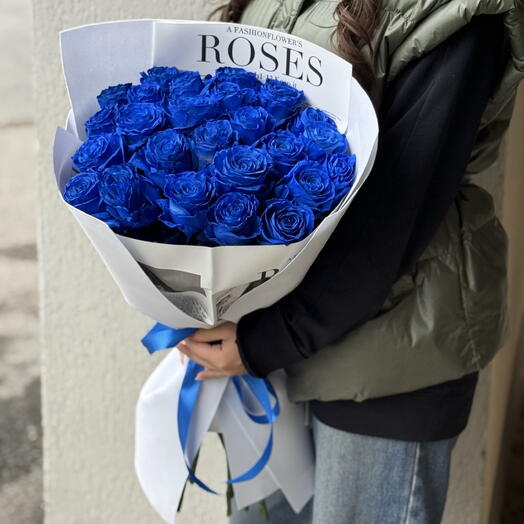 Синие розы 21 шт с упаковкой 💙