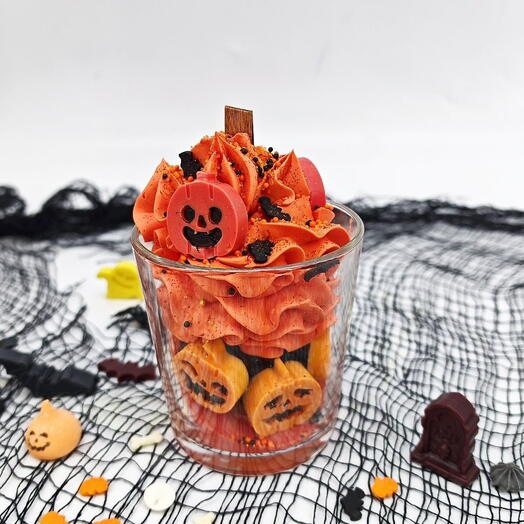 Десертная свеча в стакане с тыквами на Хеллоуин Halloween