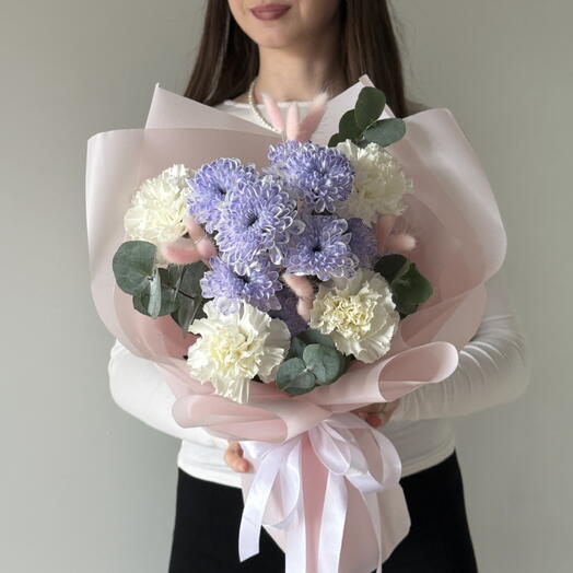 😍стойкий дофаминовый букет с кустовой хризантемой, диантусами, лагурусом и эвкалиптом🔥