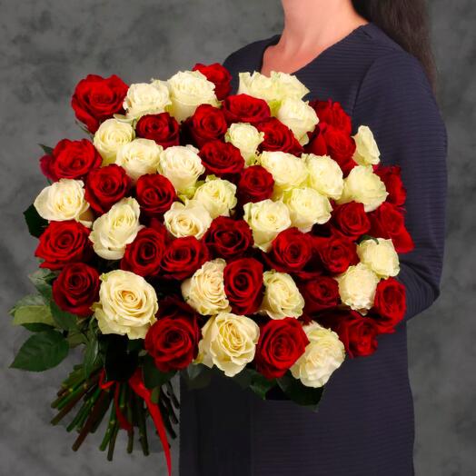 55 red and white roses