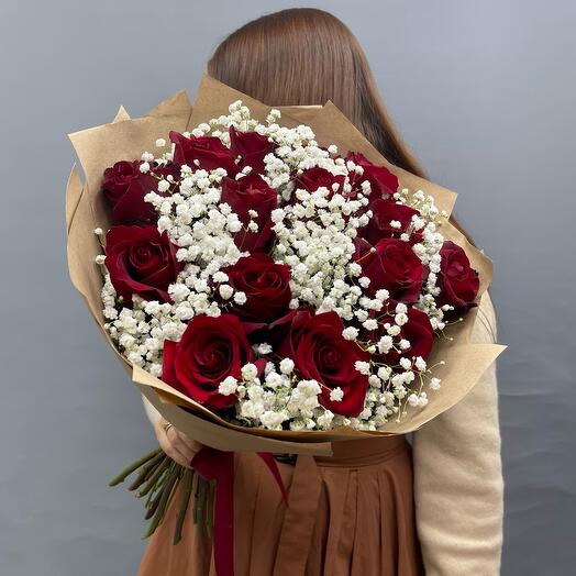 Booker of red roses and white gypsophila