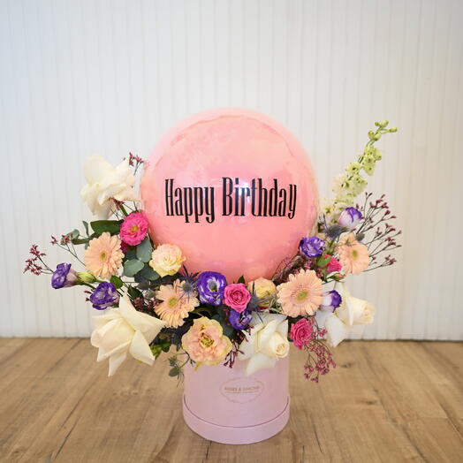 Fresh flower arrangement with personalised balloon