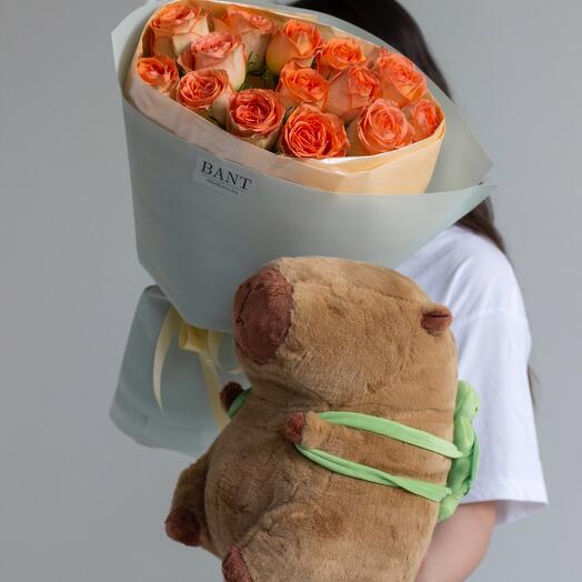 Комбо: 15 роз+ капибара 35см