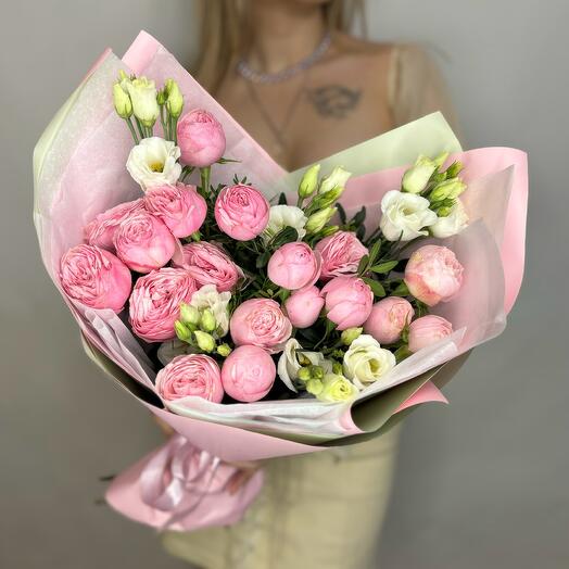 Кустовая Роза Silva Pink и Белая Эустома