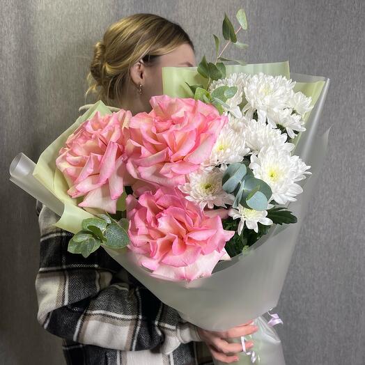 Bouquet of French roses, eucalyptus, chrysanthemums
