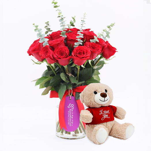 Beauty 21 Red Roses Vase and I Love You Teddy