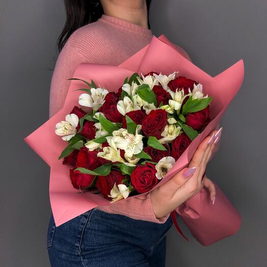 Bouquet with red roses and white alstroemeria "Charm" N99