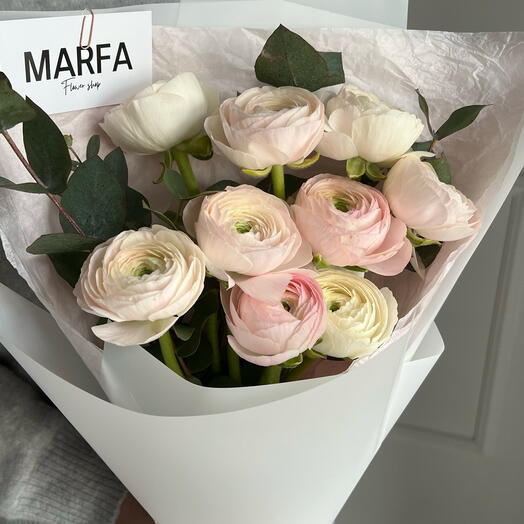 Ranunculuses and eucalyptus