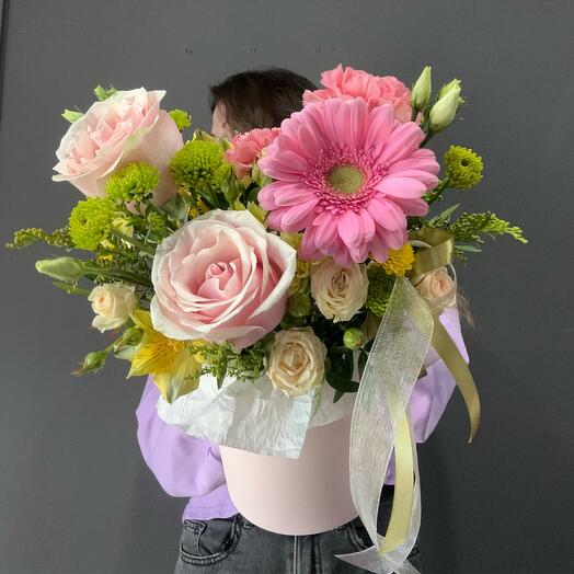 A box of summer flowers (gerberas, roses, santini)
