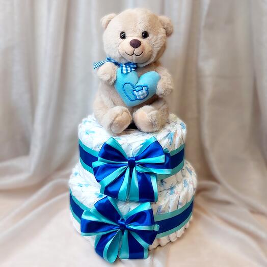 Торт из памперсов для Новорожденного Мишка с сердечком (синий)