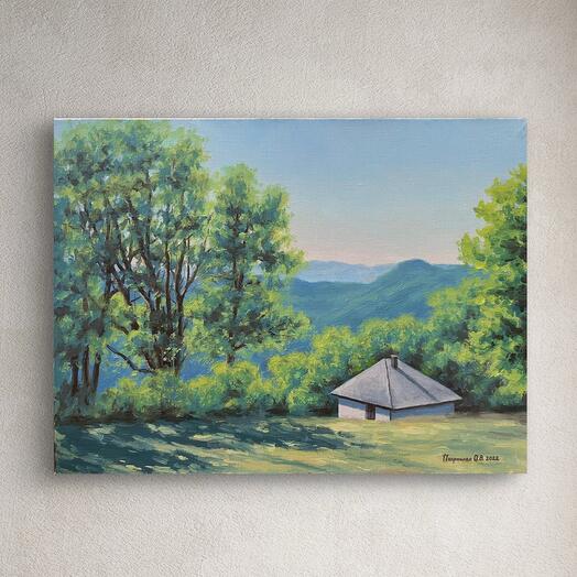 Пейзаж домик в горах солнечный день