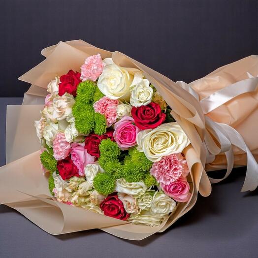 Vibrant Mix Color Rose   Carnation Bouquet – Fresh Pink, White, and Green Florals