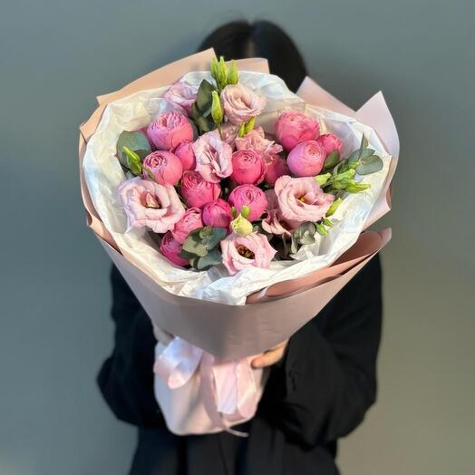 Дуобукет из пионовидных роз Сильва Пинк и розовой эустомы