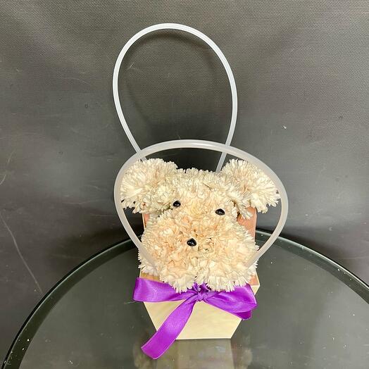 Собачка из живых цветов, букет диантусов в перламутровой сумочке