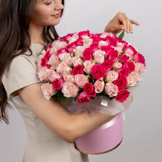 101 розовая и малиновая роза Sweet Eve , Madam Pink в коробке
