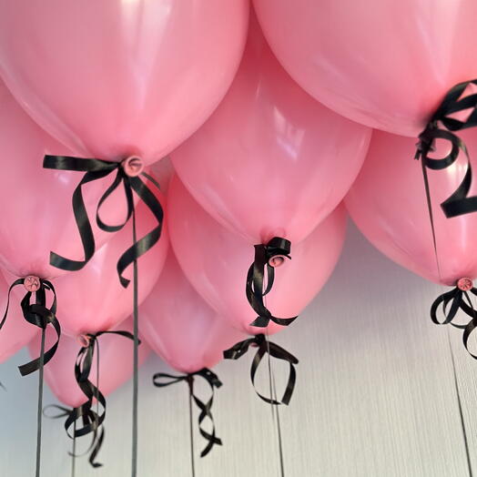 Pink balloons on black ribbons, 12 pcs