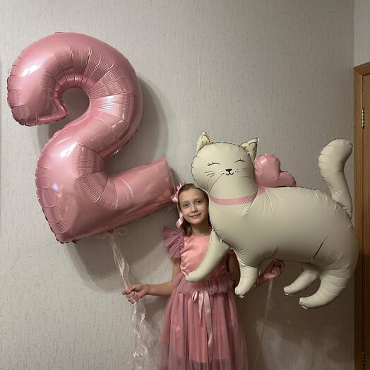 Розовая цифра 2 и кошечка,кошка,котенок с бантом-2шара