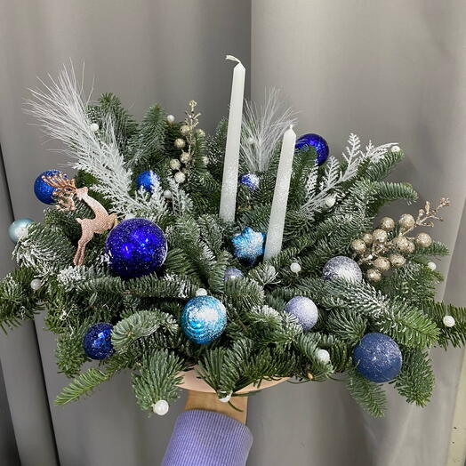 Композиция в крышке с 2 свечами синий микс