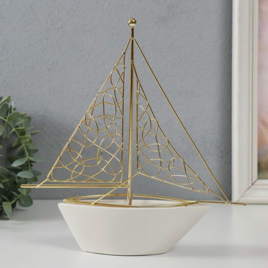 Фигурка керамика, металл Корабль с парусами, белый с золотом, 22.8×5.9×24 см