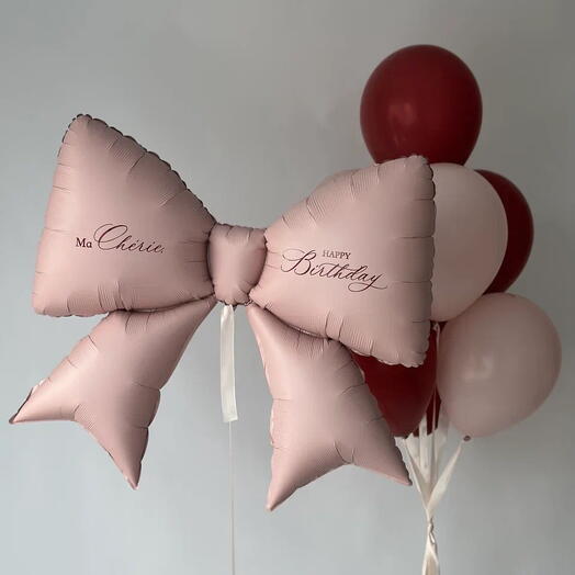 Шарики с бантом и надписью на атласной ленте