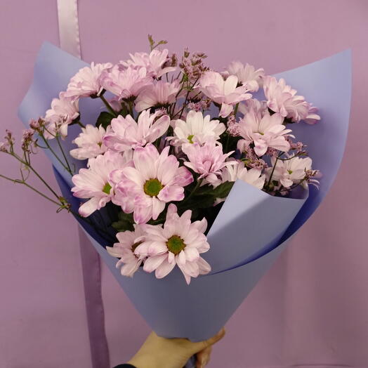 Розовая хризантема-ромашка с лимониум в уп