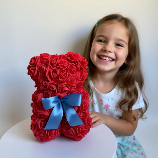 Мишка из роз фоамирана (красный) с атласным бантом — Rose Bear, подарок любимой