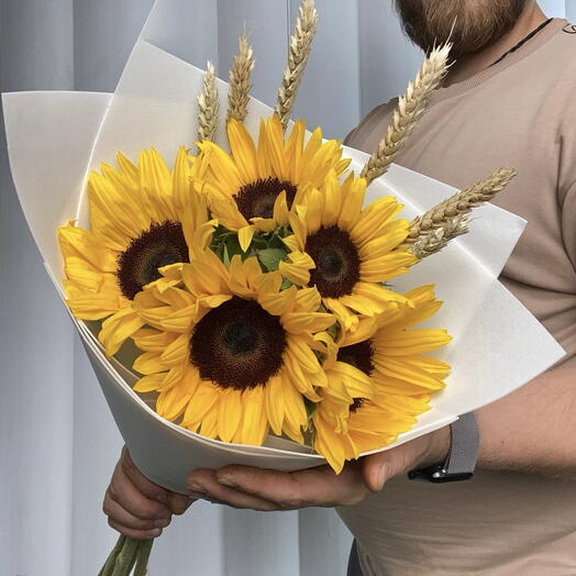 🧡Букет подсолнухов с пшеницей