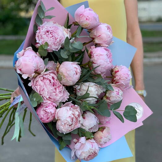 Пионы Сара Бернар 17шт с эвкалиптом