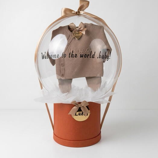 Personalized Hot Air Balloon Baby Gift Set with Knitted Outfit
