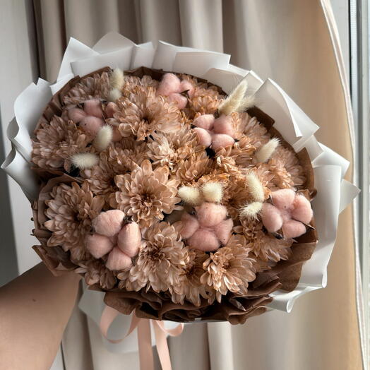 Букет из крашеной хризантемы, хлопка и лагуруса🧡
