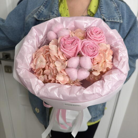 Розовый букет гортензия, роза хлопок Bloom room
