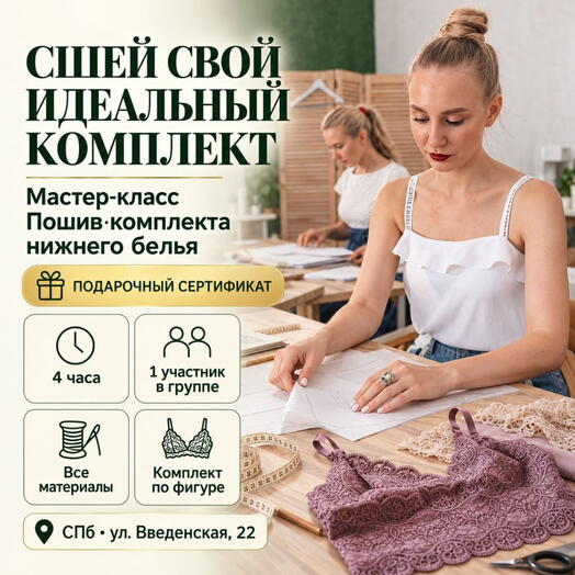 Подарочный сертификат «Мастер класс Пошив комплекта нижнего белья» (4 часа, 1 человек в составе группы)