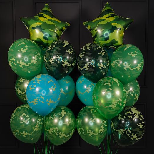 Composition of camouflage balloons with khaki stars