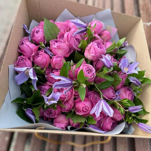 Mix of peony rose Misty Bubbles and Clematis