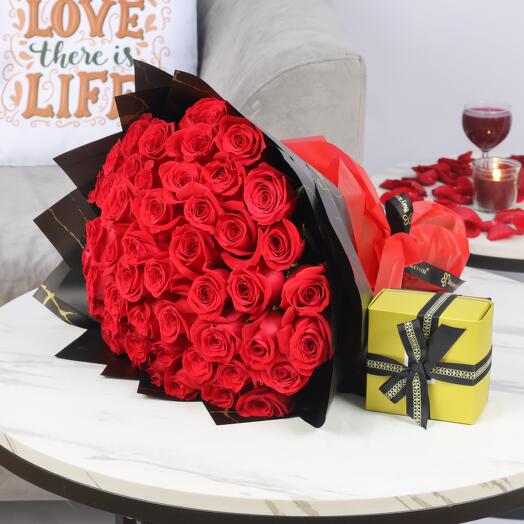 With Love 51 Red Roses Bouquet and Deluxe Patchi Chocolates 250gm
