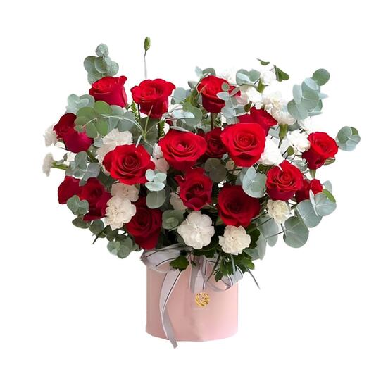 Romantic Roses - Red and White Flowers One Side Arrangement