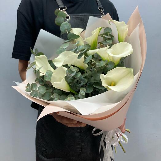 Bouquet of "Calla lilies with eucalyptus"