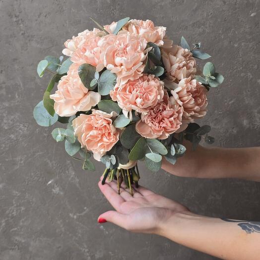 Bride's bouquet of dianthus and eucalyptus