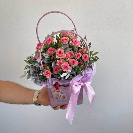 Lilac handbag with bush roses and pistachios