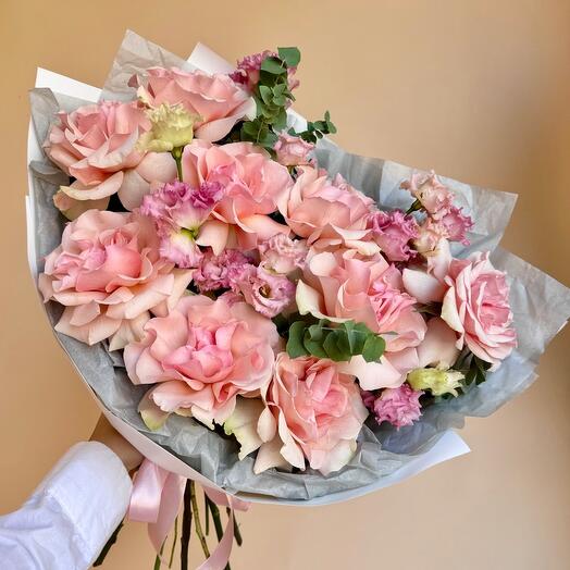 Bouquet of pink French roses and fluffy eustoma with eucalyptus in size L