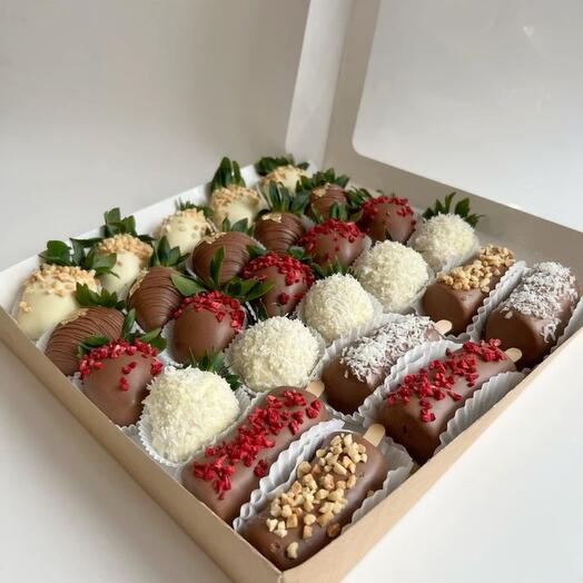 Chocolate-covered strawberries+ chocolate-covered bananas