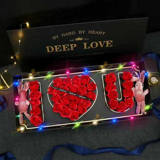 Customized Luxury red  Rose Box with LED Lights   Plush Rabbits – The Perfect Personalized Gift