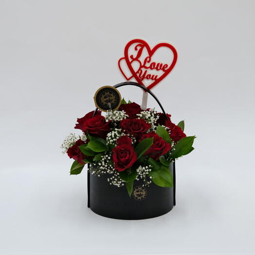 Black Leather Box with Red Roses and I Love You Acrylic Stick