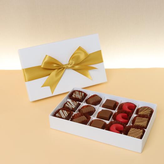 Premium 15-Piece Chocolate Gift Box – White with Gold Ribbon