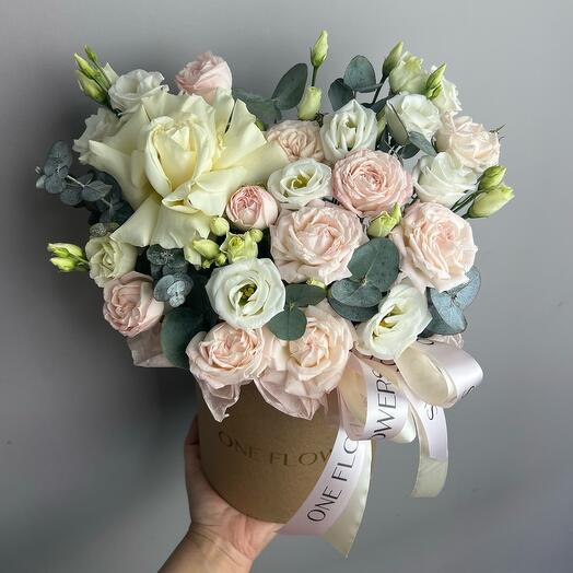 Box with peony-shaped bush roses,French rose ,eustoma and eucalyptus🤍