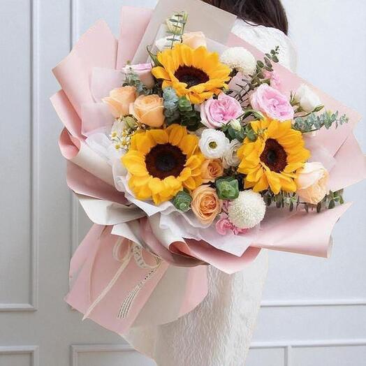 Party Bouquet 24 – Sunflowers, Pink   White Estoma, Peach Roses   Ping Pong Blooms
